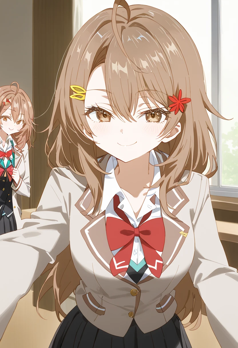 mariamikhailovnakujou,mariamikhailovnakujou, long hair, bangs, brown hair, Medium hair, hair ornament, hair between the eyes, brown eyes, Ahoge,
shirt, bow tie, school uniform, jacket, white shirt, collared shirt, bow tie, red bow, jacket, red bow tie, black skirt, pleated skirt, indoors, smile, smug, looking at viewer, shot cowboy,