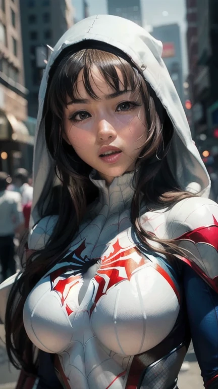 (masterpiece, 4K resolution, Ultra-realistic,  several people having fun with each other while having very detailed ), ( White Costume Superhero Theme, Charisma, 1 woman on the street , Wearing a white  Spider-Man  costume,  superheroine ), [((23 years old), ( semi-long brown hair:1.2), whole body, ( blue eyes:1.2), ( Spider-Man &#39; Dynamic Pose ) ((insufficient々New urban environment):0.8)| (cityscape, At night,  Dynamic Light ), (full moon))], big enough to stick out of the body ,  tight waist with abs , Big round butt ,  erect bink nipples ,  Beautiful Pink Pussy ,  has a beautiful well-balanced body line,  low angle,  full shot , costume from neck down, whole bodyのポートレート,  smiling at the audience, 