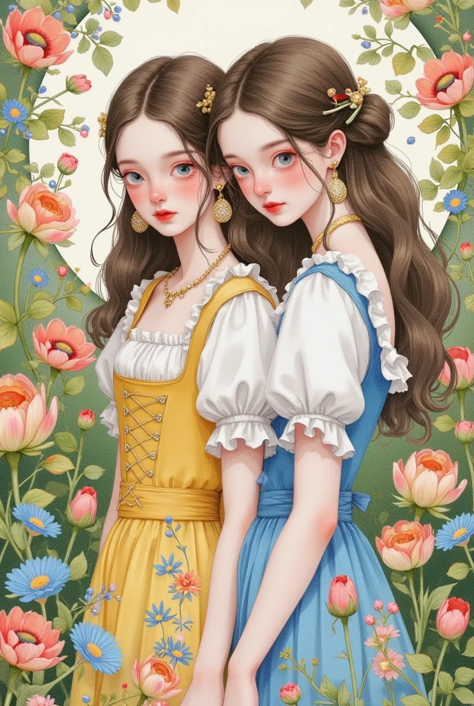 a beautiful watercolor painting of two girls surrounded by flowers, wearing victorian dresses, ethereal fantasy, vintage whimsical style, upper body, by greg rutkowski, digital art by li songsong, trending on cgsociety, popular surrealism, beautiful gemini twins portrait, beautiful gemini twins, trending artstration, exquisite digital illustration, exquisite digital art, cute art style, art in the style of greg rutkowski, a masterpiece digital art illustration, exquisite digital illustration