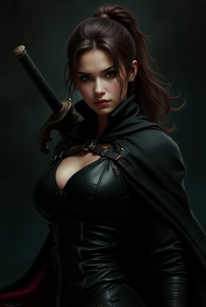 Photo, 4k, The pirate captain, The most beautiful and sensual woman, with intense eyes and dark hair, Tanned by the sun and marked by battle scars. Her left eye is covered by a leather patch. She dresses in a mix of nautical clothing and looted treasures, with a billowing black cape. His presence exudes authority and charisma in every step. Posing, Precise details, Detailed face, fantasy, dramatic, intricate, elegant, Highly detailed, Digital painting, art station, Conceptual art, Sharp soft focus, illustration, Art by Gustave Dore , octane, 4k , (Only:1.4)