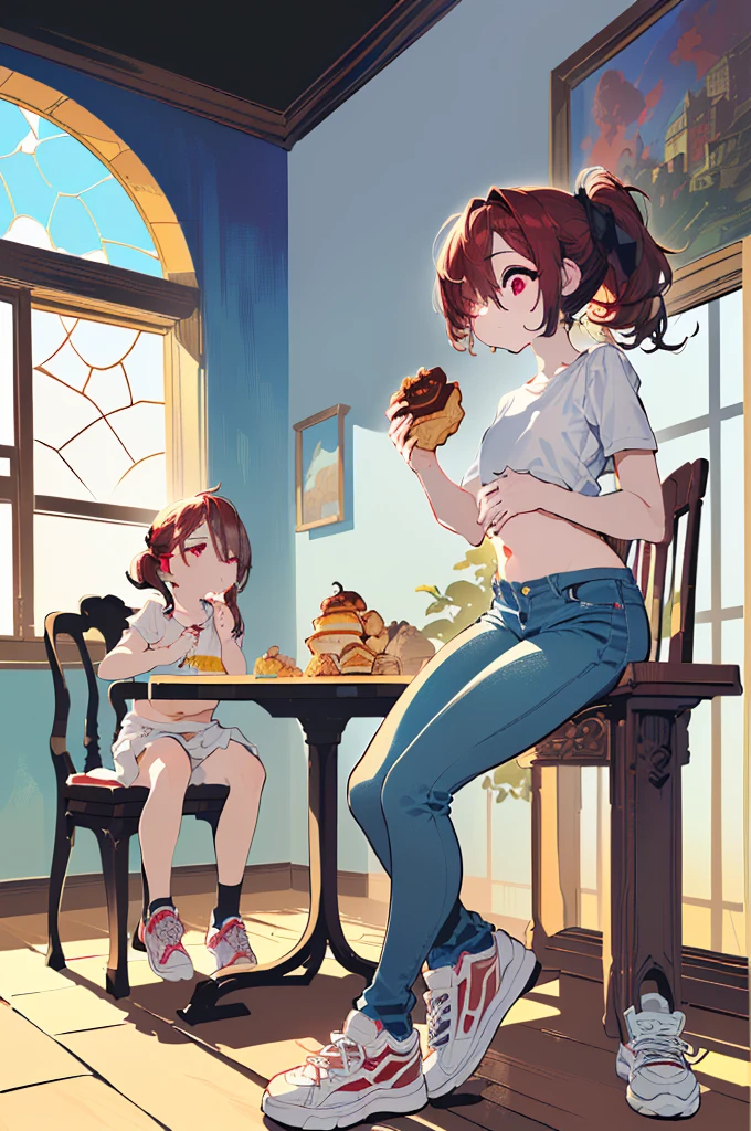 1girl,( side view , From afar:1.5),(chair에 앉아 있는, Eating food:1.5),(tight jeans, White shirt, eating house, muffin, chair, table, pot,  cozy atmosphere , window, sunlight,  blue sky, Beautiful shade, Lively:1.5), (morning, Sunshine:1.5), (Beautiful shade:1.5), ,(A well-made chest:1.5), (Dark red eyes :1.5), (hair over one eye, rustling and messy hair, A full ponytail, Dark red hair, Long hair with strong curls,  sitting on a white background, left eye covered by hair, Ponytail that falls below the waist:1.5), (sneakers, flushing:1.5), ( shy expression, flushing:1.5), (Aegyo belly fat:1.5), (Very thin legs and hips , Skinny thighs,  Slender waist  :1.3)
