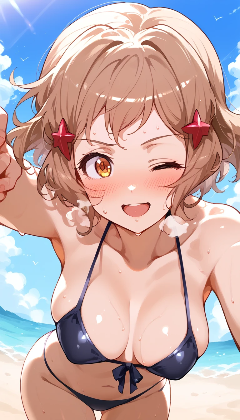 Best Quality,  Soft Light,  ultra high resolution, cute, beautiful face down to the smallest detail, high resolution details of human skin texture, shiny skin,sweat,Heat, white breath ,Tachibana sounds,Brown Hair,Short Hair,Hair accessories, Sexy Poses,bikini,Seaside,sunlight,whole body,Symphogear,smile,Push your hips out to the side, winks,stand,Squint your eyes, one eye closed,blush,Open your mouth, tilt your neck,Side-show pose,I'm stroking my hair