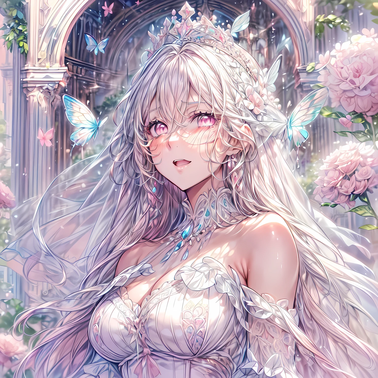 ((Masterpiece, Highest quality)), Detailed face, CharacterDesignSheet,full bodyesbian, perfectly proportions,Full of details, Multiple poses and expressions, Highly detailed, Martial arts girl,Seductive,Gradient hair color,in pink,Detailed eyes, ssee-through,wedding gown,lacepantyhose,Clouds,High Balance, Overhead halo,Natural light,Star decoration