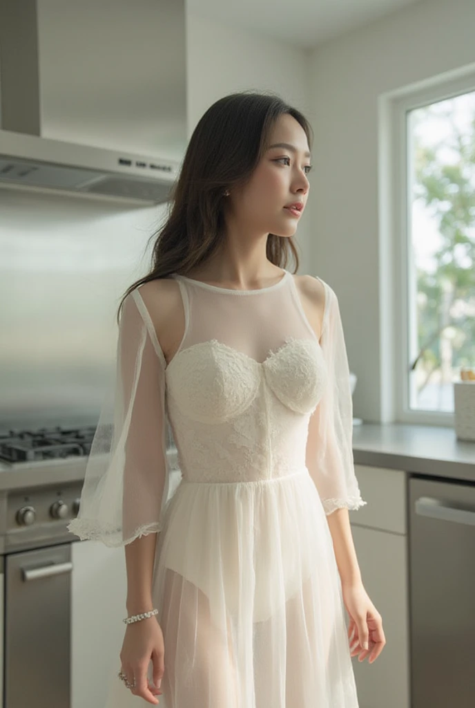 Thai woman, translucent dress, modern kitchen room