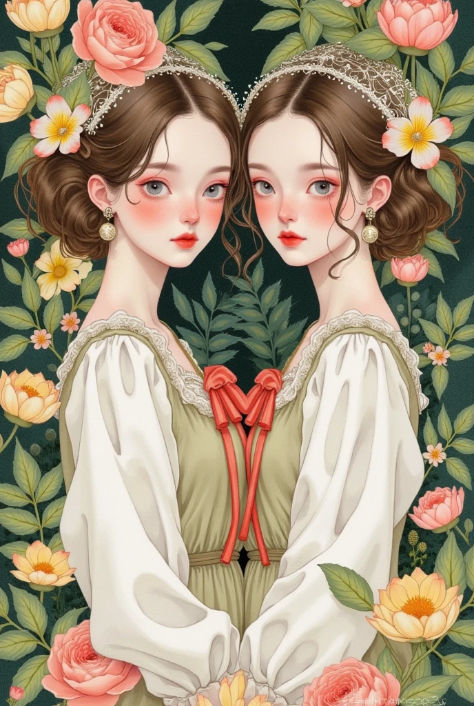 a beautiful watercolor painting of two girls surrounded by flowers, wearing victorian dresses, ethereal fantasy, vintage whimsical style, upper body, by greg rutkowski, digital art by li songsong, trending on cgsociety, popular surrealism, beautiful gemini twins portrait, beautiful gemini twins, trending artstration, exquisite digital illustration, exquisite digital art, cute art style, art in the style of greg rutkowski, a masterpiece digital art illustration, exquisite digital illustration