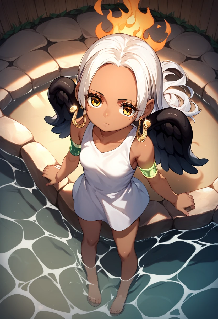 UHD, retina, textured skin, high details, high quality, best quality,  highres icon, 1080P, HD, 16k、1 Girl,Earthsnake , Long Hair, white hair, Brown Skin、,  earrings for a woman alone, Yellow Eyes, symbol-shaped pupils,  black wings  ,  small breasts.  sundress,  white dress,  sleeveless, armlet、 cute、Flames on the back、flat chest、full body、looking up、from above、expressionless、hot spring