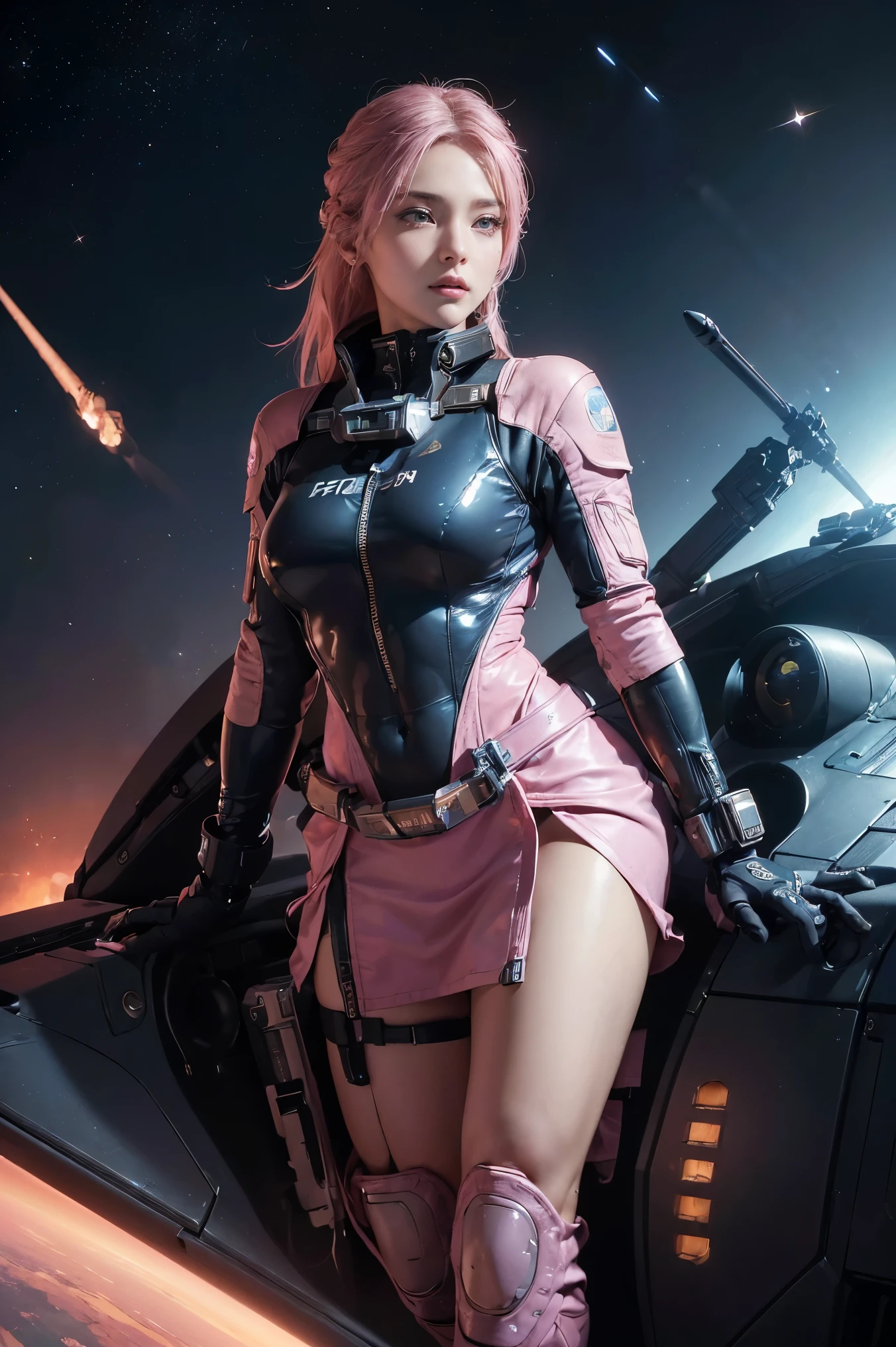 View from above ((A woman with an astronaut helmet, sitting)), ((pink hair, punk updo and hairstyle)), with makeup that highlights her melancholic look, slim and delicate body, he is wearing the astronaut helmet. in a space subway car, wears a modern astronaut suit, punk style, wears an astronaut helmet with a semi-transparent visor)), the car is on the space station, subway with space in the window. está sitting con aburrimiento, raytraced, Neon, subway retro futurista,(aesthetics and atmosphere:1.2), melancolica, round and beautiful eyes, Wide plane, Half body. (raw photo, Best Quality), (realist, photo-realist:1.3), Masterpiece, an extremely perfect and beautiful body, extremely detailed pale body, Best quality score, 8k quality, close up, high view, lo-fi space