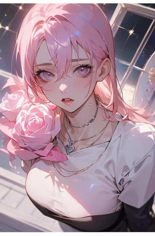 ((masterpiece:1.2)).8k.、     sexy、Center of chest、     Rise of the Chainsaw Man      、Beauty、     yandere、、       Face Closeup   、      Painful Screaming Kiss       、     chest tattoo     、      Christian Dior necklace bouquet 、(  The background is white )、(     waitress     )、((     Pink Hair)).((     look up     )).(( browse viewers))、(A glass space reflecting like a mirror  )).