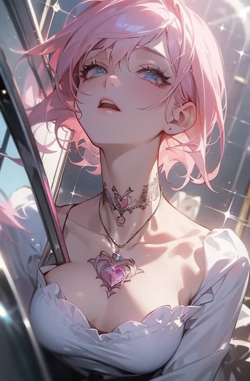 ((masterpiece:1.2)).8k.、     sexy、Center of chest、     Rise of the Chainsaw Man      、Beauty、     yandere、、       Face Closeup   、      Painful Screaming Kiss       、     chest tattoo     、      Christian Dior necklace bouquet 、(  The background is white )、(     waitress     )、((     Pink Hair)).((     look up     )).(( browse viewers))、(A glass space reflecting like a mirror  )).