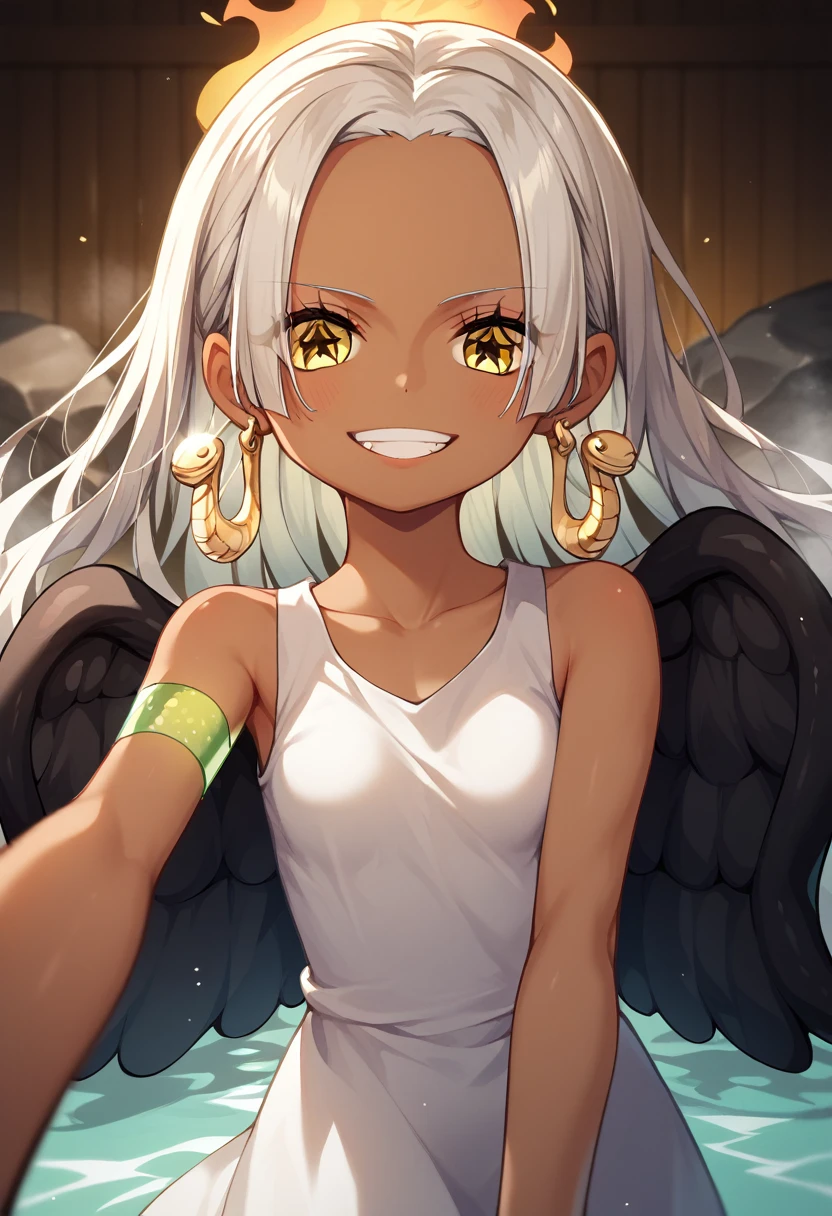 UHD, retina, textured skin, high details, high quality, best quality,  highres icon, 1080P, HD, 16k、1 Girl,Earthsnake , Long Hair, white hair, Brown Skin、,  earrings for a woman alone, Yellow Eyes, symbol-shaped pupils,  black wings  ,  small breasts.  sundress,  white dress,  sleeveless, armlet、 cute、Flames on the back、flat chest、smile、Toothy grin、hot spring