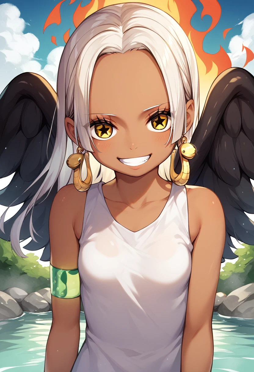 UHD, retina, textured skin, high details, high quality, best quality,  highres icon, 1080P, HD, 16k、1 Girl,Earthsnake , Long Hair, white hair, Brown Skin、,  earrings for a woman alone, Yellow Eyes, symbol-shaped pupils,  black wings  ,  small breasts.  sundress,  white dress,  sleeveless, armlet、 cute、Flames on the back、flat chest、smile、Toothy grin、hot spring