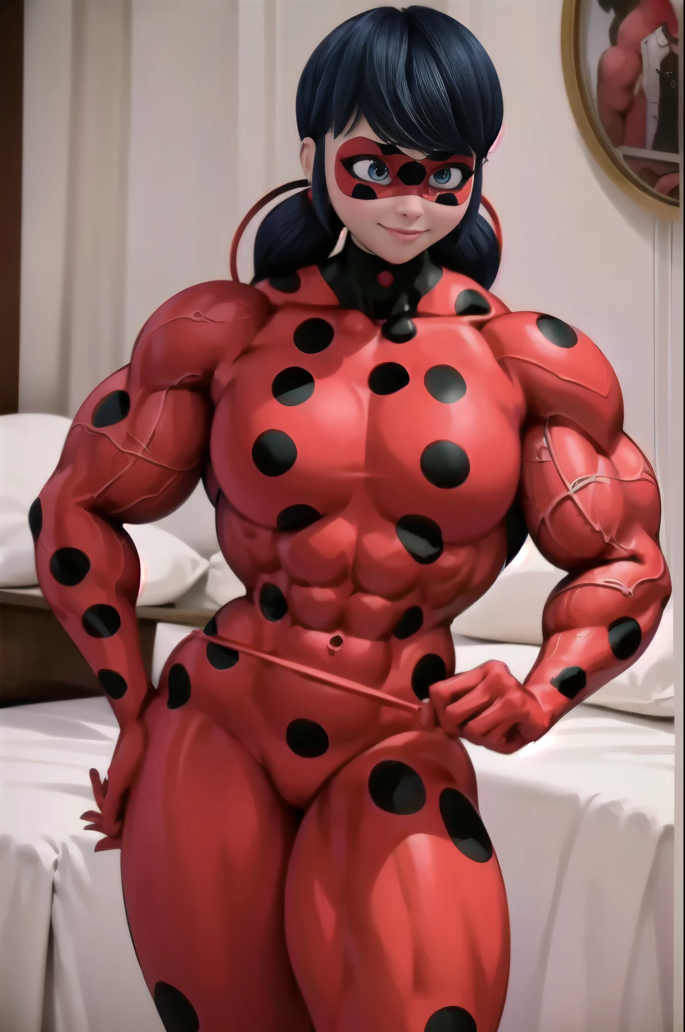 (big muscular female bodybuilder, beautiful detailed eyes, beautiful detailed lips:1.1,strong physique, two short pigtails, (smile), pink (a bright red mask with five black spots that are in a symmetrical design around her eyes, a luminous vivid red superhero jumpsuit with a black turtleneck collar and black spots.), lifting weight, muscular arms and legs:1.2, toned abs, powerful expression,sweating:1.1, bed background:0.9, intense focus:1.1, vibrant colors, dramatic lighting),rippling muscles,sturdy frame,dark tan,fit around the waist,tight abs,strong arms and shoulders,intense expression,determined look,well-defined muscles and veins,straining muscles,artistic pose,steely gaze,side lighting,powerful presence,vivid colors,dynamic composition,studio lighting,physically-based rendering,athletic build,bodybuilding silhouette,professional,gritty texture,bokeh,(LOOKING AT FRONT).
