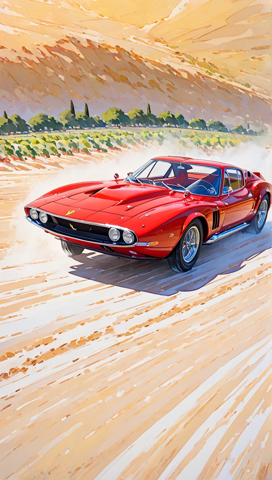 Best Quality、masterpiece、 ultra high resolution 、enterprise：Ferrari、1 car 、car、Models： Dino-246GT-LM-Prova 、Manufactured-in-1972、 location is Lombardy /Tuscany 、Wine farmers、Sand、Vineyards、Muscat、SandをかけるレトロなFerrari、 Organic Expressionism 