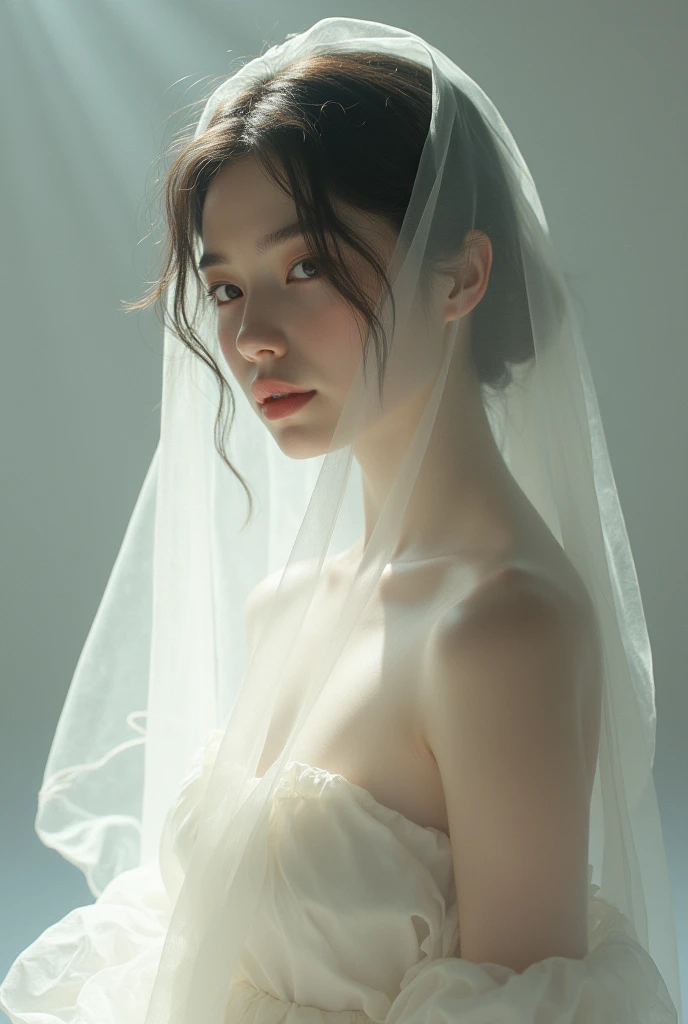 Araki woman in wedding dress sitting on sofa, Ethereal beauty, with backdrop of natural light, wearing organza gown, shaxi, ao dai, author:Chen Tingfo, Dreamy and ethereal, mai anh tran, light yarn, wearing long gown, Ethereal and dreamy, Ethereal!!!!!!!, bae suzy, Gemma Chen, lulu chen, Very ethereal