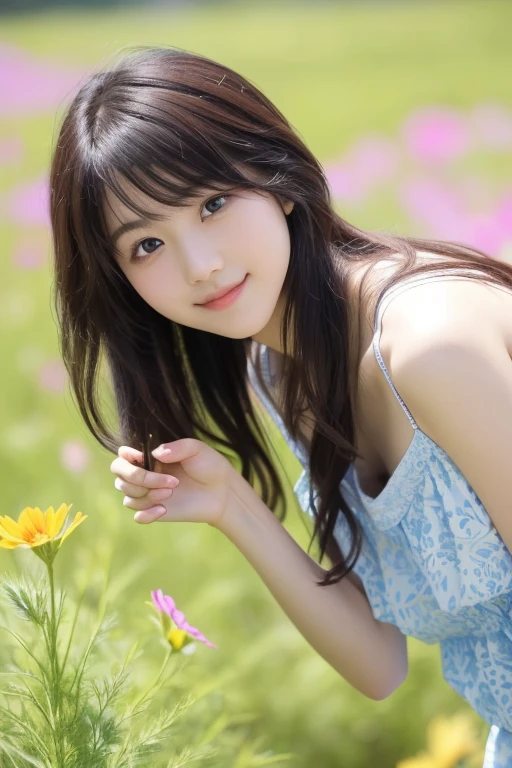  Realistic Photo Quality 、They are in a forward slouching pose in a flower field of cosmos、I'm pinching a cosmos flower with my index finger and thumb、  portrait of a girl in a field of flowers , 60mm Portrait, Young Japanese Model,  wearing a loose dress with a blue chest , looking at the camera、Detailed and beautiful eyes、 cute smile、 soft and gentle expression 