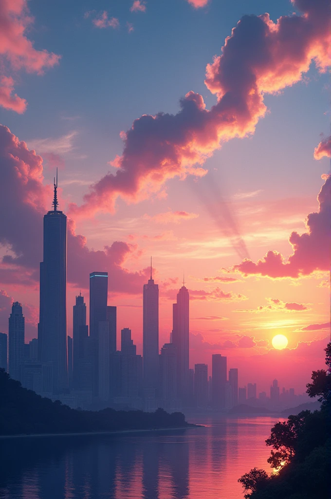 Sunset with buildings,high resolution, high quality,dark