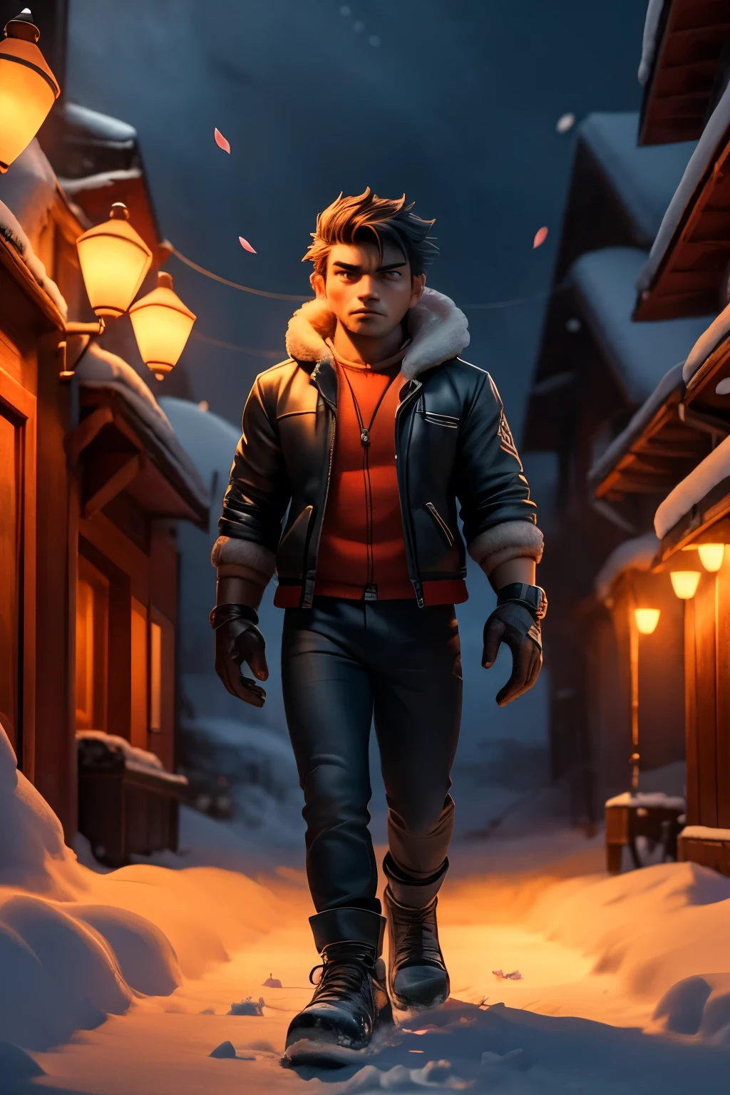 ((Best Quality)) ((8k quality)), ((Masterpiece)), (detailed), ((without errors)), ((no duplicate limbs)). A single, cinematic frame capturing a 32-year-old muscular European man with short hair styled upwards, wearing squared aviator sunglasses, walking alone on a quiet winter road at night. Snowflakes and delicate pink petals drift softly from the sky, creating a surreal, dreamlike atmosphere around him. He wears a dark, fitted jacket over black jeans, and his Albanian eagle tattoo is visible on his forearm, standing out against his skin. His face is set in a somber, reflective expression as he looks straight ahead. The background reveals a lonely, snow-covered street illuminated by dim street lamps, casting soft, muted light and optical flares that add to the film-like quality. The 8k red cinematic camera captures a wide-angle front shot, bringing focus to the character’s intense gaze and the stillness of the winter night, emphasizing his isolation and the weight of his emotions