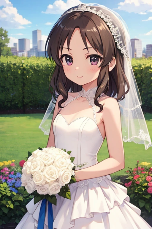 (masterpiece:1.2),Best Quality, Extremely detailed, cute girl,  1 girl,  One Boy ,  happy , Princess Carrie,shiny skin, small breasts,  detail eyes ,perfect anatomy,  cute eyes from the right, ((wedding dress)), city,garden,flower, Arisu Tachibana, Yonai P , U149ANI, 