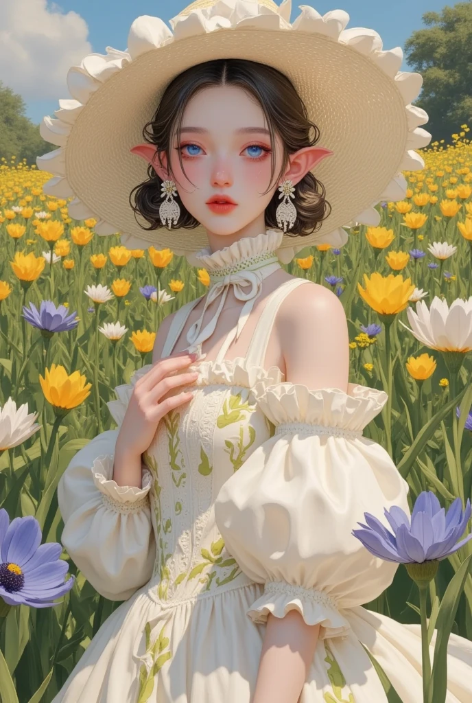 Closeup of a woman in a dress and hat in a field of flowers,  A painting inspired by Shen Sizheng , tumblr, Rococo, Dreamy and detailed,  Victorian dress ,  Ethereal Fairy Tale , retro fantasy style, Gu Weiss,  Victorian Style Outfit , 🌺 CG Society,  Delicate Dress and Face , White Hanfu, Rococo dress,  Fantastic Aesthetics !