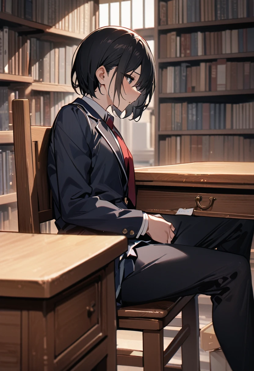 （masterpiece, Best Quality:1.2)、male、Black Hair、 short hair、黒いschool uniform, 黒のblazer,  red tie 、 black pants 、Large desk、Under the desk、 spreads legs、 Sitting on a Wooden Chair 、Library、 side view、Super Long Shot