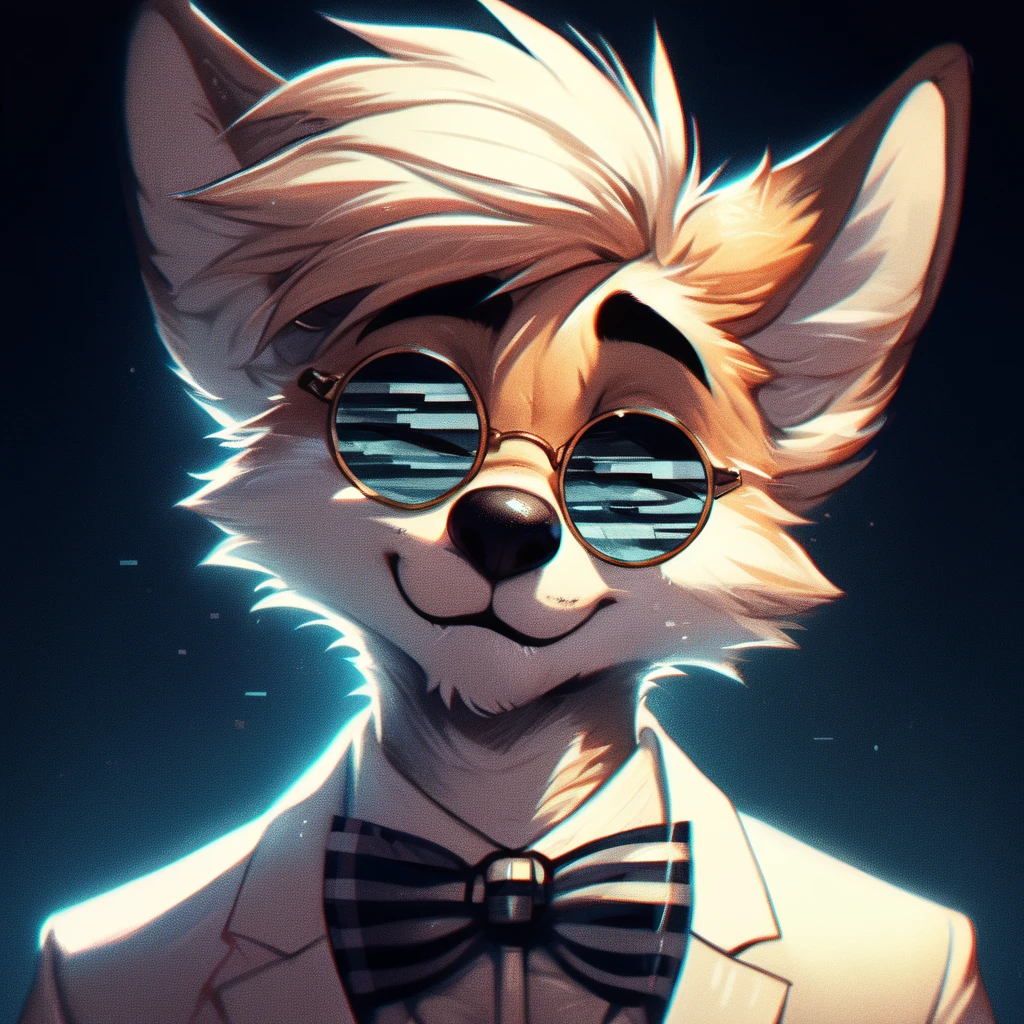 limelight, Detailed,  masterpiece , man, Alone, random furry, zorro, Hairstyle,  wearing a white suit ,  and round , in a room,  filter effect while accommodating your lenses,  with their eyes closed,  lenses on a dimly lit background, with glitch .