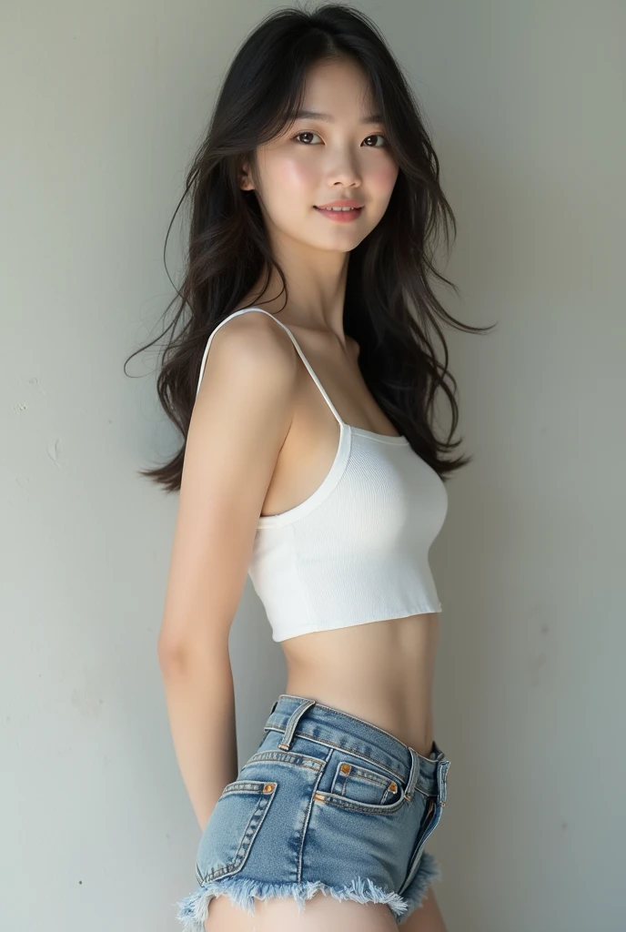 1 girl,Smile,whole body，long legs，Slim Faces，sexy woman，double eyelids，Detailed face，Preppy style，long hair,(super high quality，8k)blurred background，
