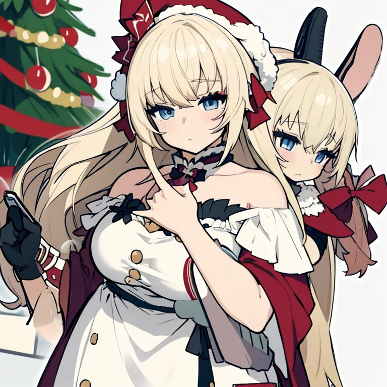 Anime girl in Santa costume posing in front of a Christmas tree, Anime Style 4k,  azur lane style,  Best Anime 4K Konachan Wallpaper , trending on cgstation,  from Girls' Frontline, Gwaiz on pixiv artstation, Gwaiz, Gwaiz on artstation pixiv,   anime girl with long hair {x} holding a cell phone with a white hat and blue eyes 