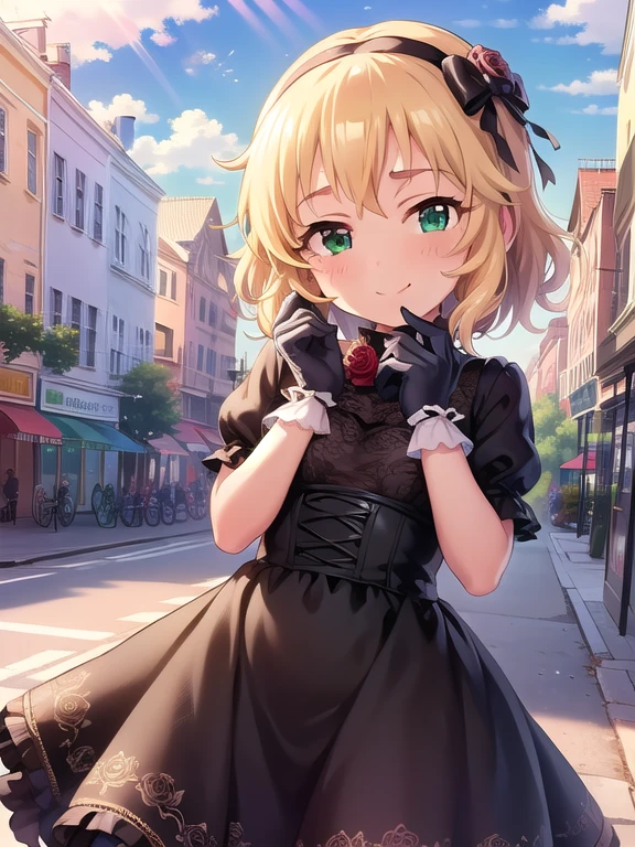 (masterpiece, Best Quality:1.2), Illustration, ( 1 girl,Alone), nsfw,  watching viewers, Sunny Day,  shining sunlight , city
, short blonde hair, green eyes, hair, smile, , wavy hair, hairband, flower, hair ornament, bow,  jewelry,  Rose
,  dress, frills, Gloves 
,  happy  
, Put your hands on your neck