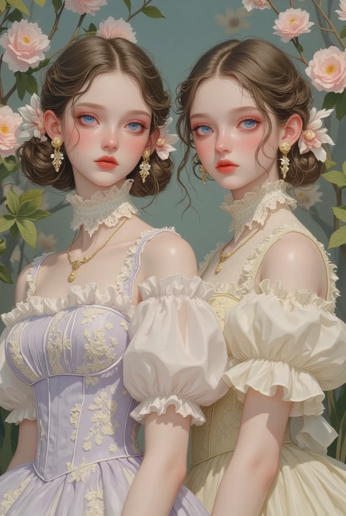 Closeup of 2 girls,  A painting inspired by Shen Sizheng , tumblr, Rococo, Dreamy and detailed,  Victorian dress ,  Ethereal Fairy Tale , retro fantasy style, Gu Weiss,  Victorian Style Outfit , 🌺 CG Society,  Delicate Dress and Face , White Hanfu, Rococo dress,  Fantastic Aesthetics !