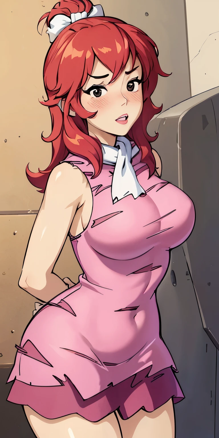 1 Female,High definition,high resolution,Ultra-realistic,8K, pebbles, black eyes, white scarf, pink shirt, pink skirt, best quality , large breasts,European,sexy,Upper body close-up,Photographed from the front,Dynamic Angles,(blush), (big tits) ,(arms behind back),(blush:1.2)