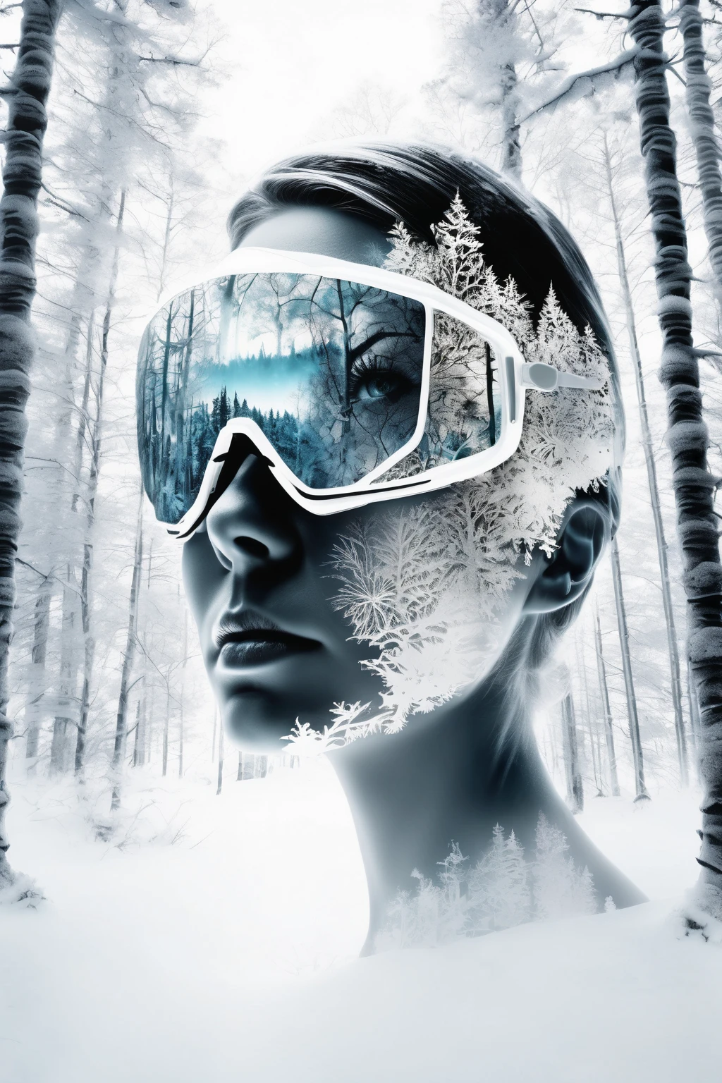 double exposure, solid white back ground, mysterious silhouette forest woman,wearing enduro goggles , amazing depth, masterwork, surreal, intricately detailed,perfect balanced, deep fine borders, artistic photorealism , smooth, great masterwork by head of prompt engineering,frozen ice crystals and trees with snow
