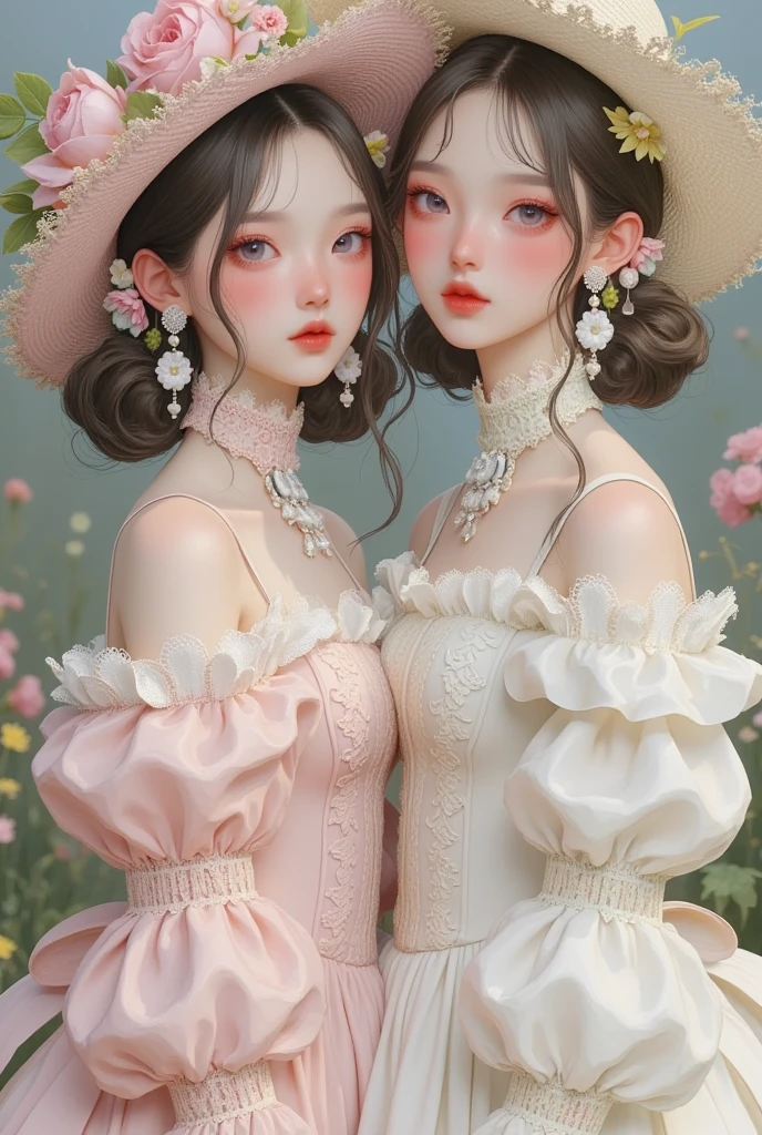 Closeup of 2 girls,  A painting inspired by Shen Sizheng , tumblr, Rococo, Dreamy and detailed,  Victorian dress ,  Ethereal Fairy Tale , retro fantasy style, Gu Weiss,  Victorian Style Outfit , 🌺 CG Society,  Delicate Dress and Face , White Hanfu, Rococo dress,  Fantastic Aesthetics !