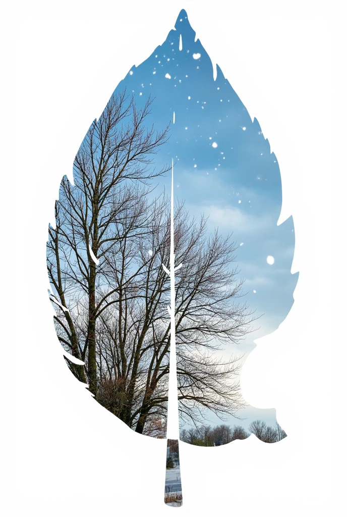 high quality, 8K Ultra HD, A beautiful double exposure that combines an goddess silhouette, there's a serene winter scene depicted. This scene features a group of barren trees standing tall against a gradient blue sky, transitioning from a deep blue at the top to a lighter shade at the horizon. Snowflakes are scattered throughout the sky, giving the impression of a light snowfall. The leaf itself is cut out, with its details incorporated into the goddess , crisp lines, The background revealing a white paper beneath it. is monochrome, sharp focus, double exposure, by yukisakura, awesome full color, 