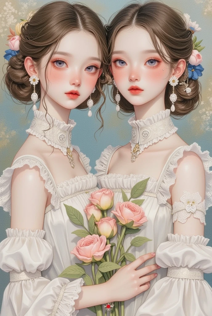  a watercolor painting ：Closeup of 2 girls,  A painting inspired by Shen Sizheng , tumblr, Rococo, Dreamy and detailed,  Victorian dress ,  Ethereal Fairy Tale , retro fantasy style, Gu Weiss,  Victorian Style Outfit , 🌺 CG Society,  Delicate Dress and Face , White Hanfu, Rococo dress,  Fantastic Aesthetics !