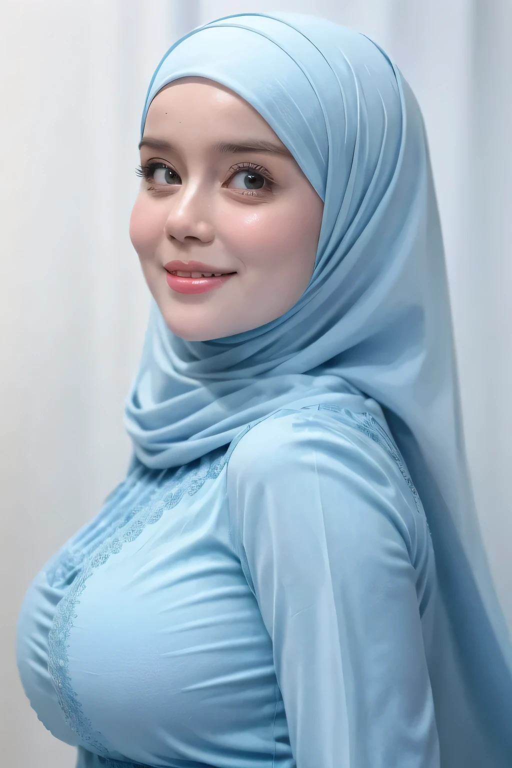 White Background, adorable, 1 girl, baby face, happy, half body portrait, ((huge breasts)). wearing transparent transparency soft long shirt, hijab .. Cute posed. proportional body. Ultra High Res. realistic: 1.4, UHD, (floral pattern), view from side seductive pose 