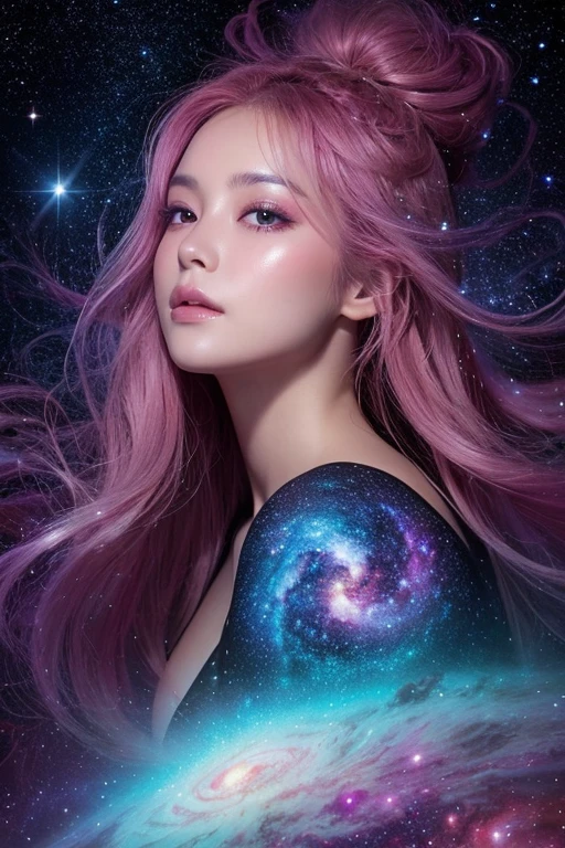 1girl in, A futuristic, Hyper-Realism, Verism,(Masterpiece Portrait Beautiful Girl Galaxy Goddess)、(gleaming skin)、Unevenness of the skin、nffsw、smil、shiny floating weightless hair、Clean face、A detailed face、(FULL BODYSHOT)、perfectly proportions、Quite winding、smil、radiant eyes、hovering、Grab the universe、etheric、hallucination、powerful legs、creation、top-quality、2050、8K、nffsw、lut、Accretion disc、nebulas、supernova、Blue World、