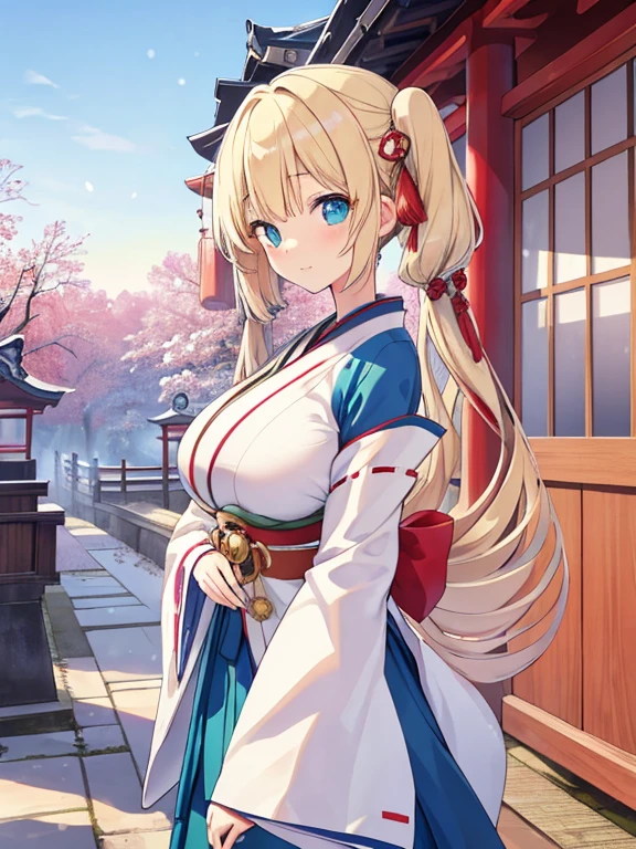 Female gyaru, twintails Blonde hair, Blue eyes, dark brown skin, large breasts, thick hips, wearing a white qi pao, a temple in the background