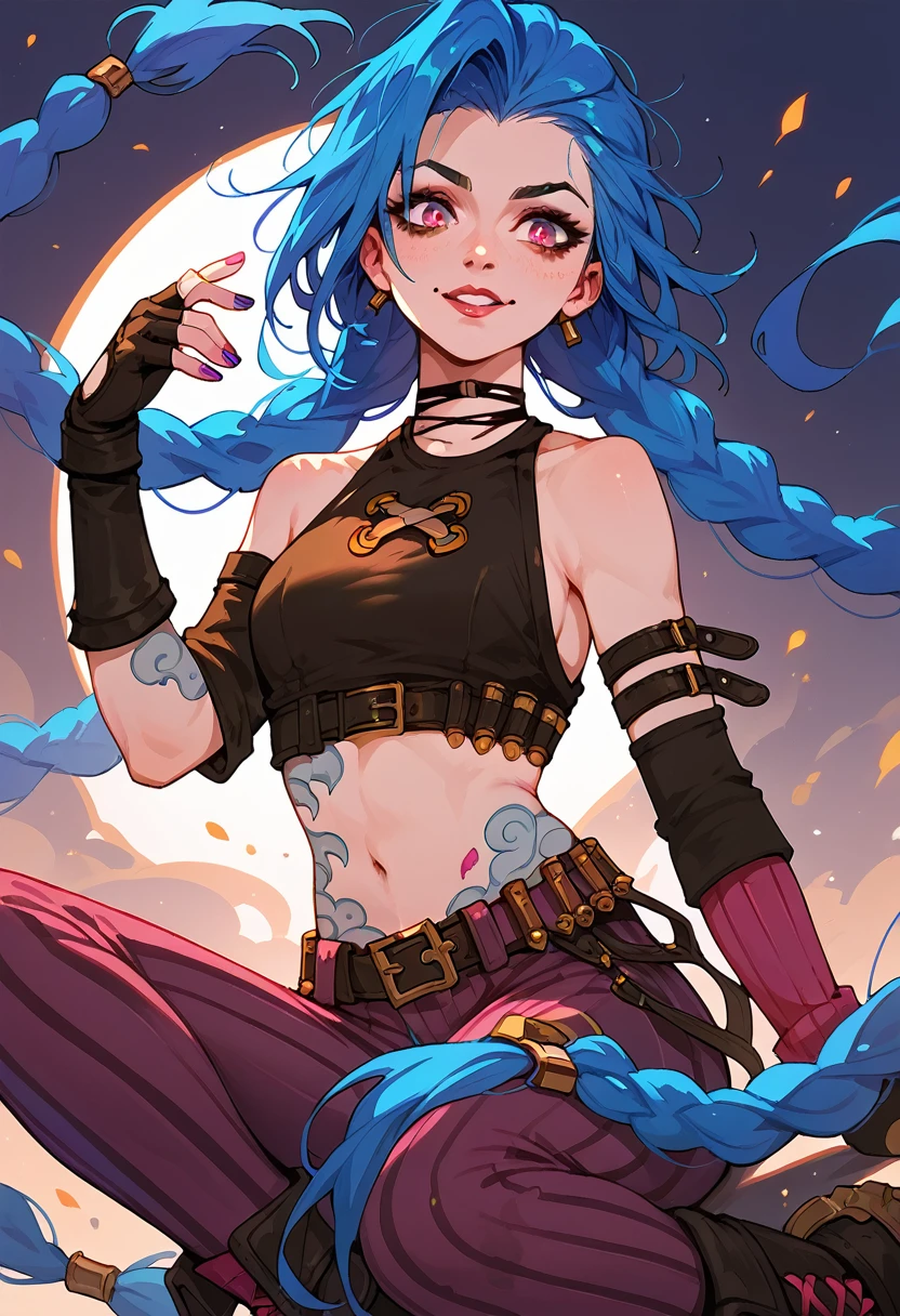 1girl, long hair, twin braids, bare shoulders, choker, crop top, fingerless gloves, detached sleeves, single sleeve, midriff, belt, nail polish, tattoo, bandaid on leg, pants, boots, striped