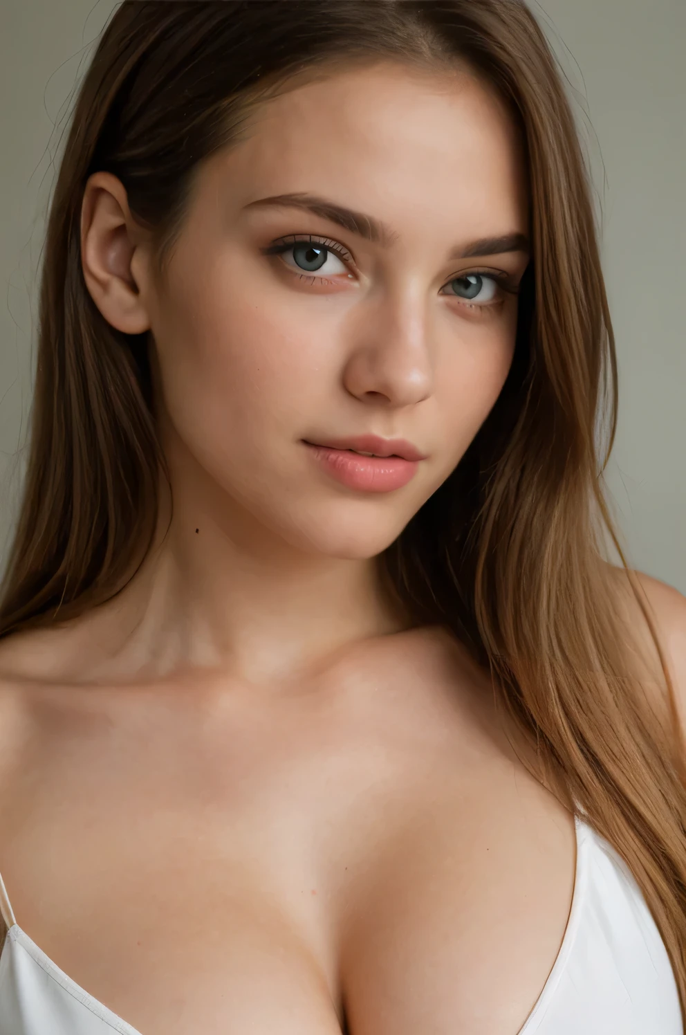 (half-body portrait: 0.7), RAW, og, Nikon Z 85mm, ((best quality)) Sweat: 1.2, ((masterpiece)), ((realistic)), influencer, legendary blonde hair color, extra long hair beautiful natural midle breah puffy pinkles,18-year-old, virgin look deep-blue eyes, cute fresh face: 1.3, without shadows on face, detailed (texture!, hair!, shine, color!, flaws: 1.1), highly detailed glowing eyes, (looking at camera), specular light, dsir, extreme quality,sharp focus, dof, highly detailed, sharp focus, real life, ultra realistic, photorealism, photography, 8k uhd, photography, crystal clear, center of frame, detailed skin pores, complex eye datails, complex niples datails 0.9,