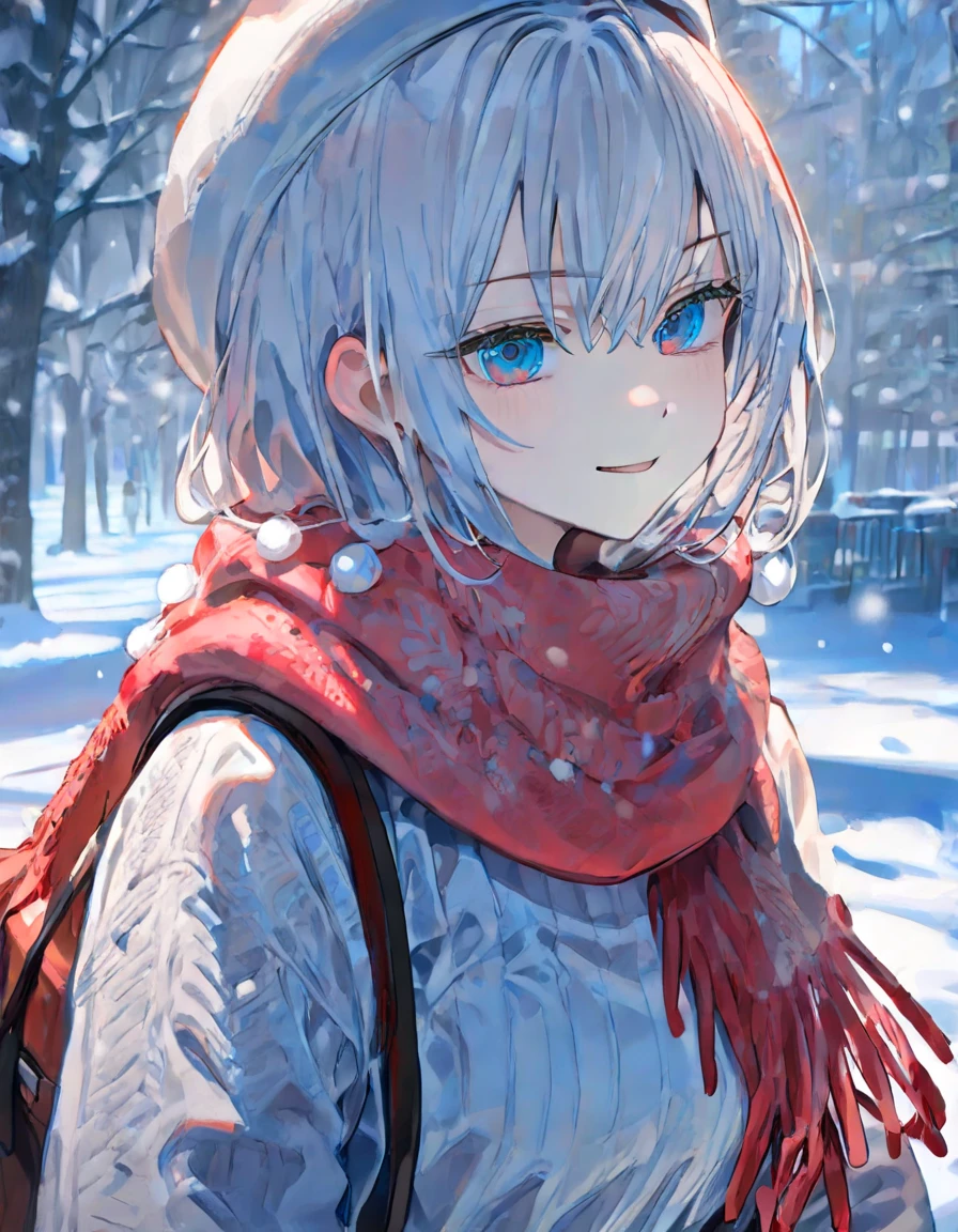 (best quality,4K,8K,highres,masterpiece:1.4), ultra-detailed, detailed face:1.3, white sweater, red scarf, fashionable, winter, snow falling, anime style,Dsmile