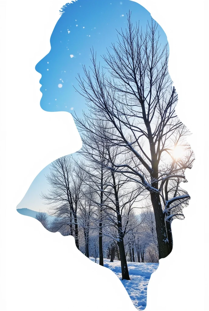 high quality, 8K Ultra HD, A beautiful double exposure that combines an goddess silhouette, there's a serene winter scene depicted. This scene features a group of barren trees standing tall against a gradient blue sky there's a serene with sunset too, sunset should serve as the underlying backdrop, transitioning from a deep blue at the top to a lighter shade at the horizon. Snowflakes are scattered throughout the sky, giving the impression of a light snowfall. The leaf itself is cut out, with its details incorporated into the goddess , crisp lines, The background revealing a white paper beneath it. is monochrome, sharp focus, double exposure, by yukisakura, awesome full color, 