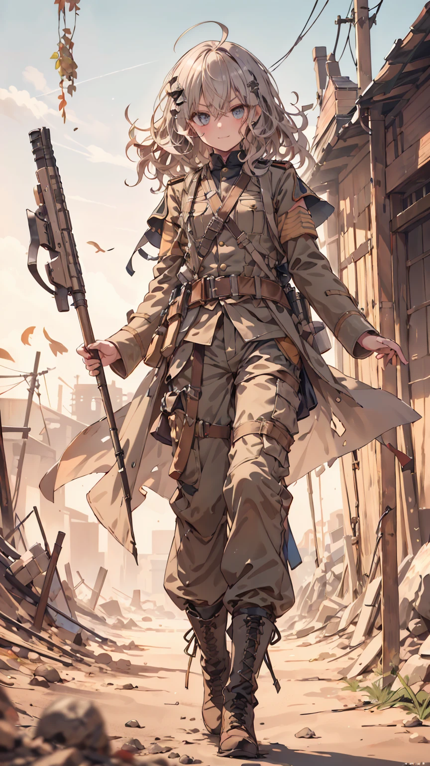 masterpiece, 1 men, sparrow, a silver haired men, wearing a military, curly medium hair, messy hair, slim body, he close her left eye, shirt ornament, ruby eyes, ahoge, baby face, beautiful eyes, boots, droopy eyes, her age is 19, medium hair, angry, curly hair, MongolPunkAI, view from right down, lend a hand to you, he very close to you, smug smile, rainbow_one, brown uniform, long trousers, masculin, helmet, helmet, high quality, 8k, military uniform, ww1brit