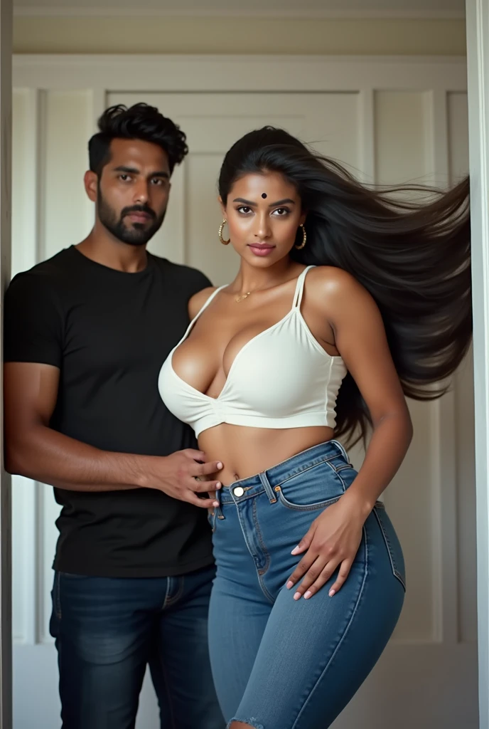 HD wallpaper 32k cinematic shoot of a Beautiful cute Pooja Hegde, with thick thighs and a slim waist, wearing a Full sleeve top, jeans pants, ((smiling)), ((slim waist)), ((lowwaist)), ((open neckline)), ((boobs)), ((standing beside a man)), ((standing beside a man)), ((standing beside a man))