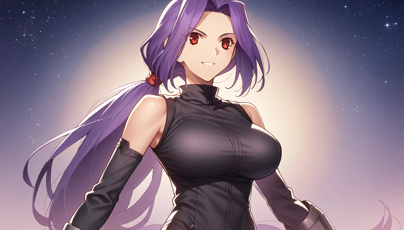  score_9,  score_8_up,  score_7_up, One Girl,smile, Hirokazu Koyama ,sexy, pixel perfect,Large Breasts,  anatomically correct,  masterpiece,Very sophisticated ,8k,(Fits the body,Rider Suit, sleeveless,),, Red eyes, ( Long Hair,  Purple Hair, Center-parted bangs, Low Ponytail, ), standing,Starry sky background,カウボーイショット, 