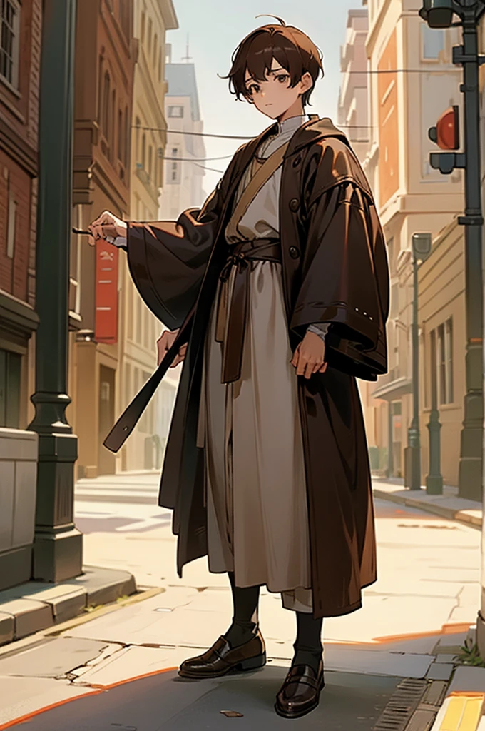 1 boy, Young people,  Brown Eyes , Brown Hair,  short hair, city, Standing on the road, Sunny Day, Medieval clothing、Robe、Leather shoes