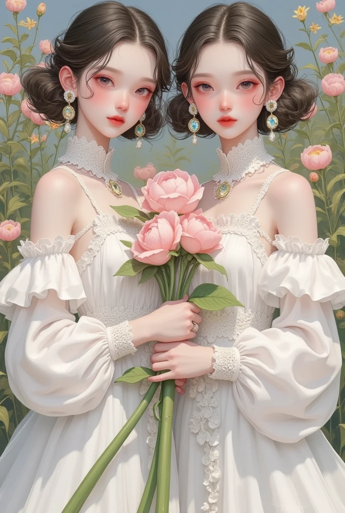 Close-up shot of two girls in white dresses holding flowers in their hands，Wearing earrings,  Beautiful Gemini twins portrait,  art style , artwork in the style of Gu Weiss, Gu Weiss, artstration Trends, Inspired by Cheng Yanjun , 美丽的双子座双胞胎, and loish and wlop, Yanjun Chengt, Gu Weiss masterpiece, Mature sexy young woman using bowater 