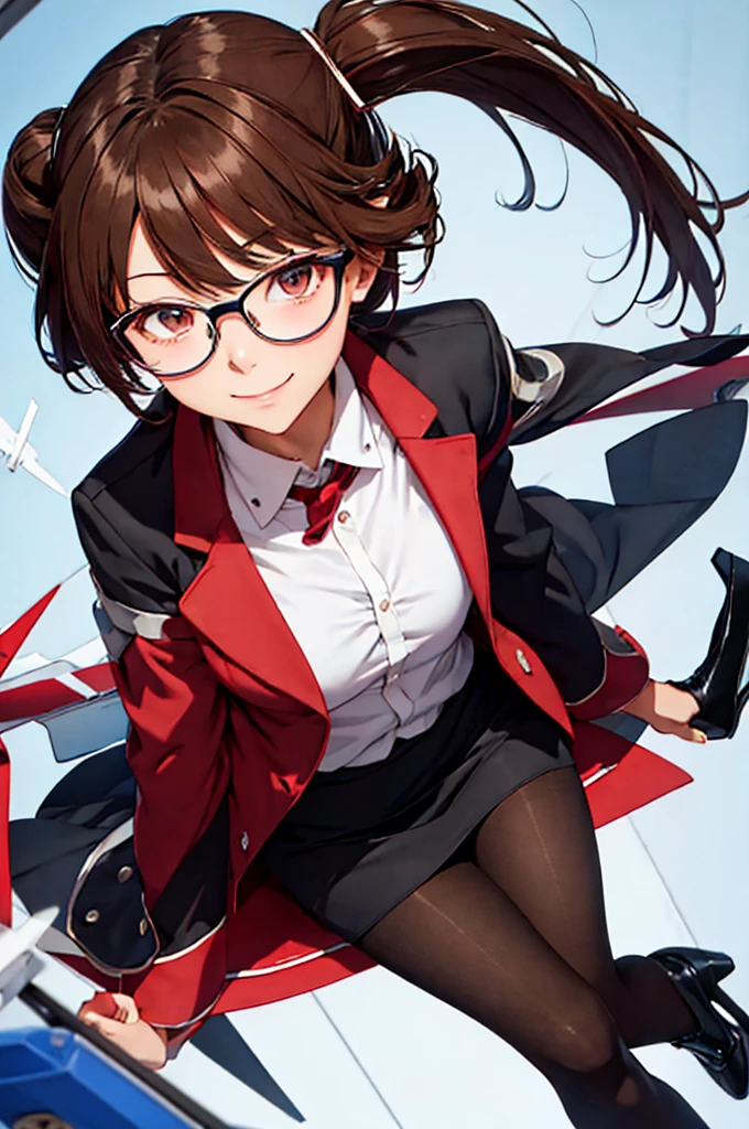 a female anime art style cartoon with a blue and red skirt and glasses, 1girl, solo, pantyhose, gloves, skirt, brown hair, jacket, white gloves, brown eyes, smile, shirt, full body, white shirt, pencil skirt, looking at viewer, collared shirt, black footwear, open clothes, high heels, standing, closed mouth, black jacket, long sleeves, long hair, black pantyhose