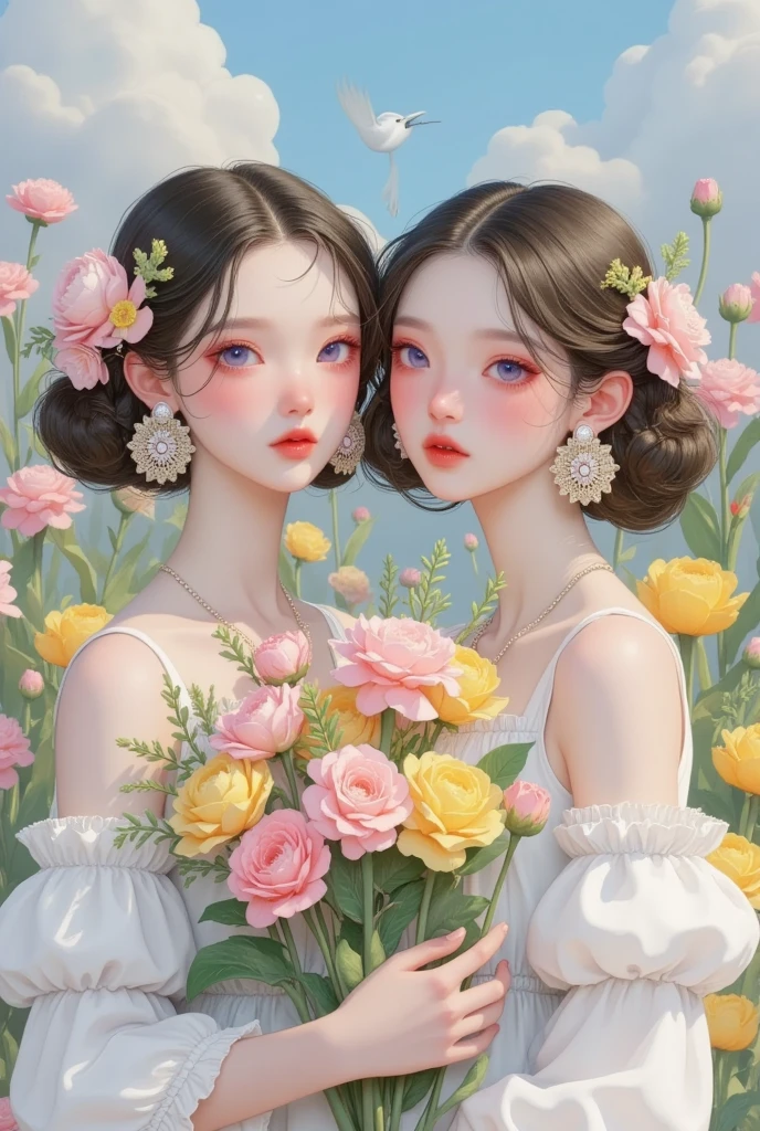  Closeup of two girls in white dresses holding flowers in their hands，Wearing earrings, Inspired by Yanjun Cheng's digital art , tumblr,  pop surrealism ,  Beautiful Gemini twins portrait, artwork in the style of Gu Weiss,  art style , Gu Weiss, artstration Trends, and loish and wlop, 美丽的双子座双胞胎, Yanjun Chengt, Gu Weiss masterpiece