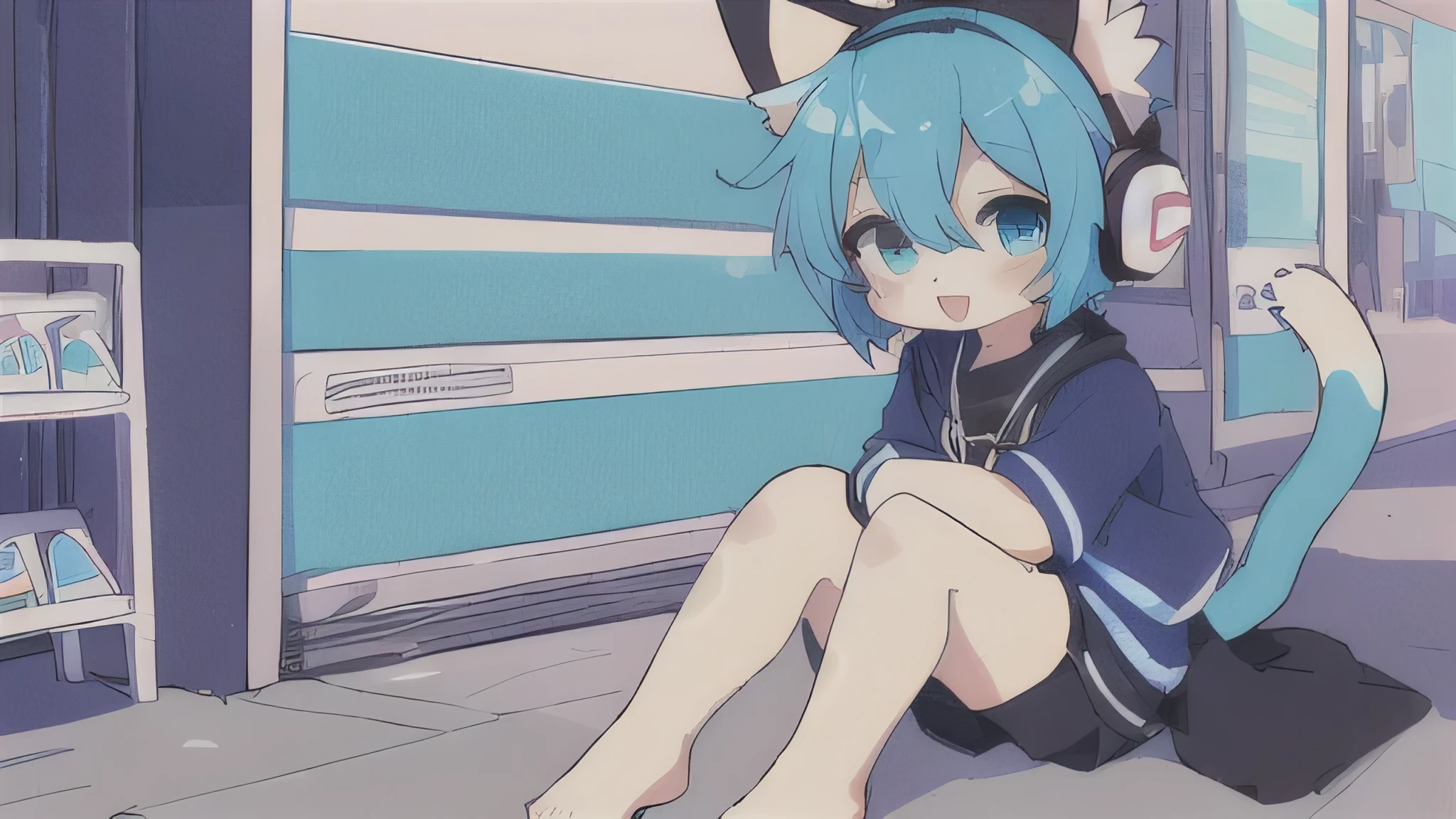 Gorgeous female photo, best quality, best work, best details, white hair, messy hair, twintails, ocean blue eyes, chibi, blue hoodie, shiny white star in hoodie, long sleeves, wearing a hoodie, white skirt, long blue socks, bedroom, sofa, gaming
