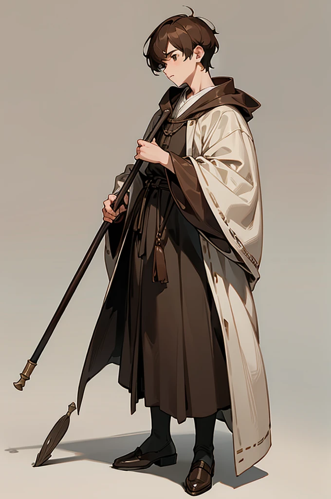 1 boy, Young people,  Brown Eyes , Brown Hair,  short hair, Medieval clothing、Robe、Leather shoes、 cane、 simple background